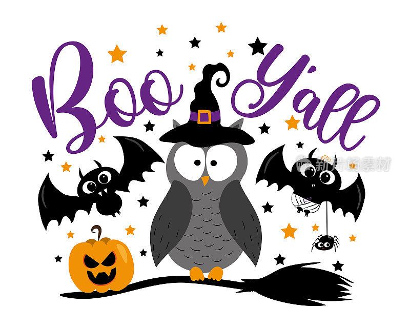 Boo Y all - happy Halloween greeting, with cartoon owl, bats, pumpkin, spider, and broom。
